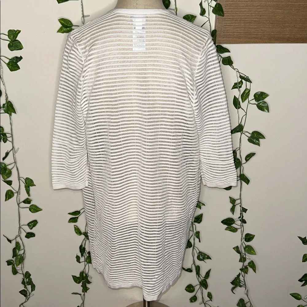 Chico’s “Shadow Stripe Front Cardigan” Sheer White 3/4 Sleeve Mid Length NWT
